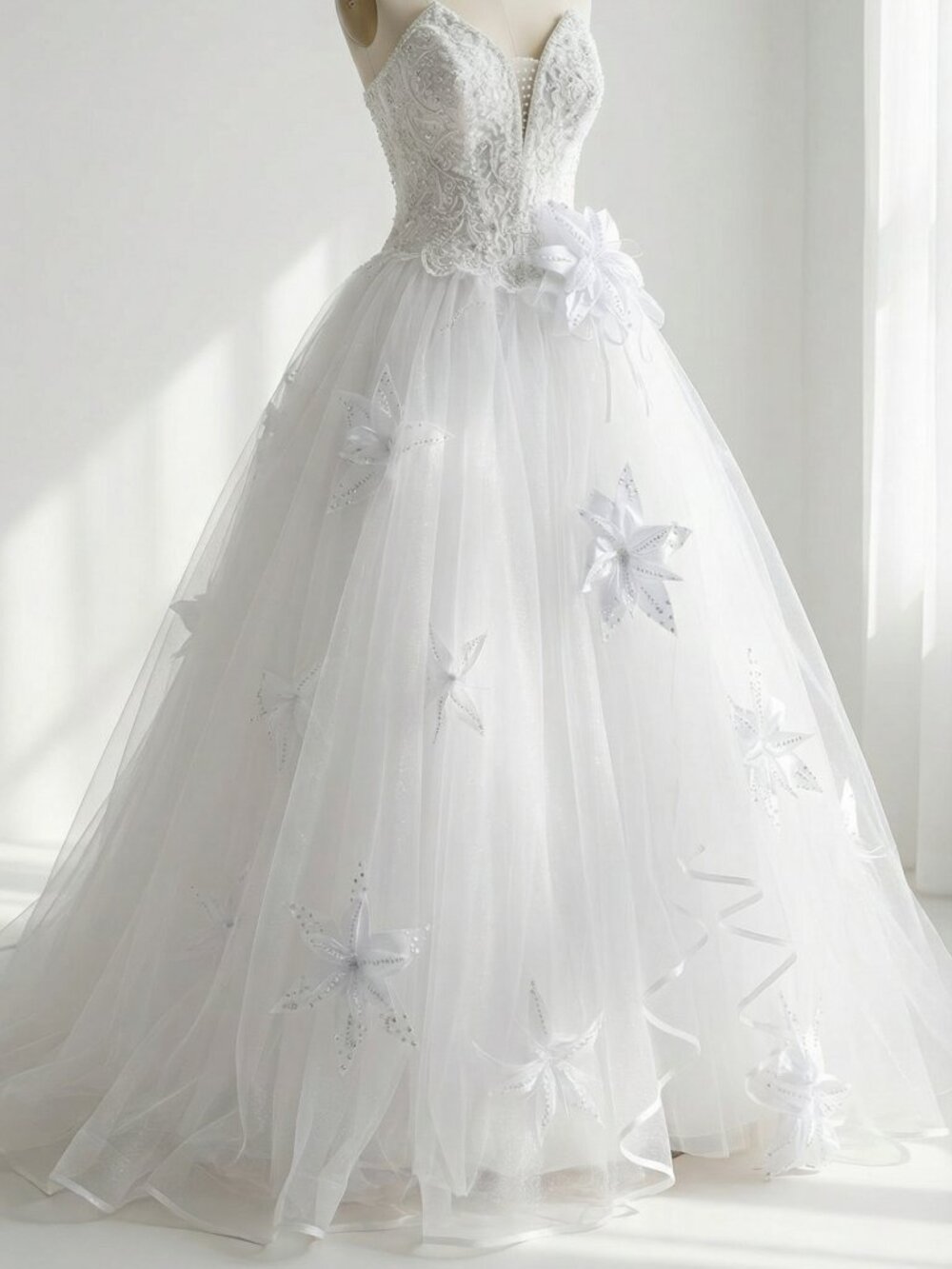 Luxury Couture Embroidered Crystals 3D Lilies Flowers Runway Wedding Dress Gown
